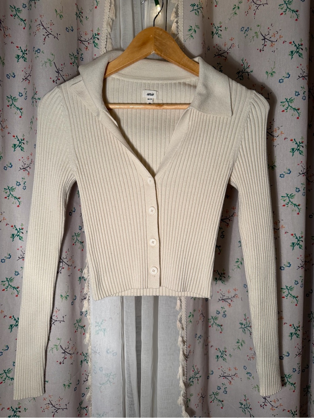 Aerie Cream Ribbed Knit Polo Sweater Top